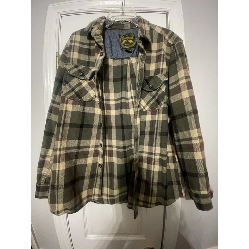 Anchorage Green/Beige/Brown Plaid Flannel LS Button-Up Shirt L Pockets